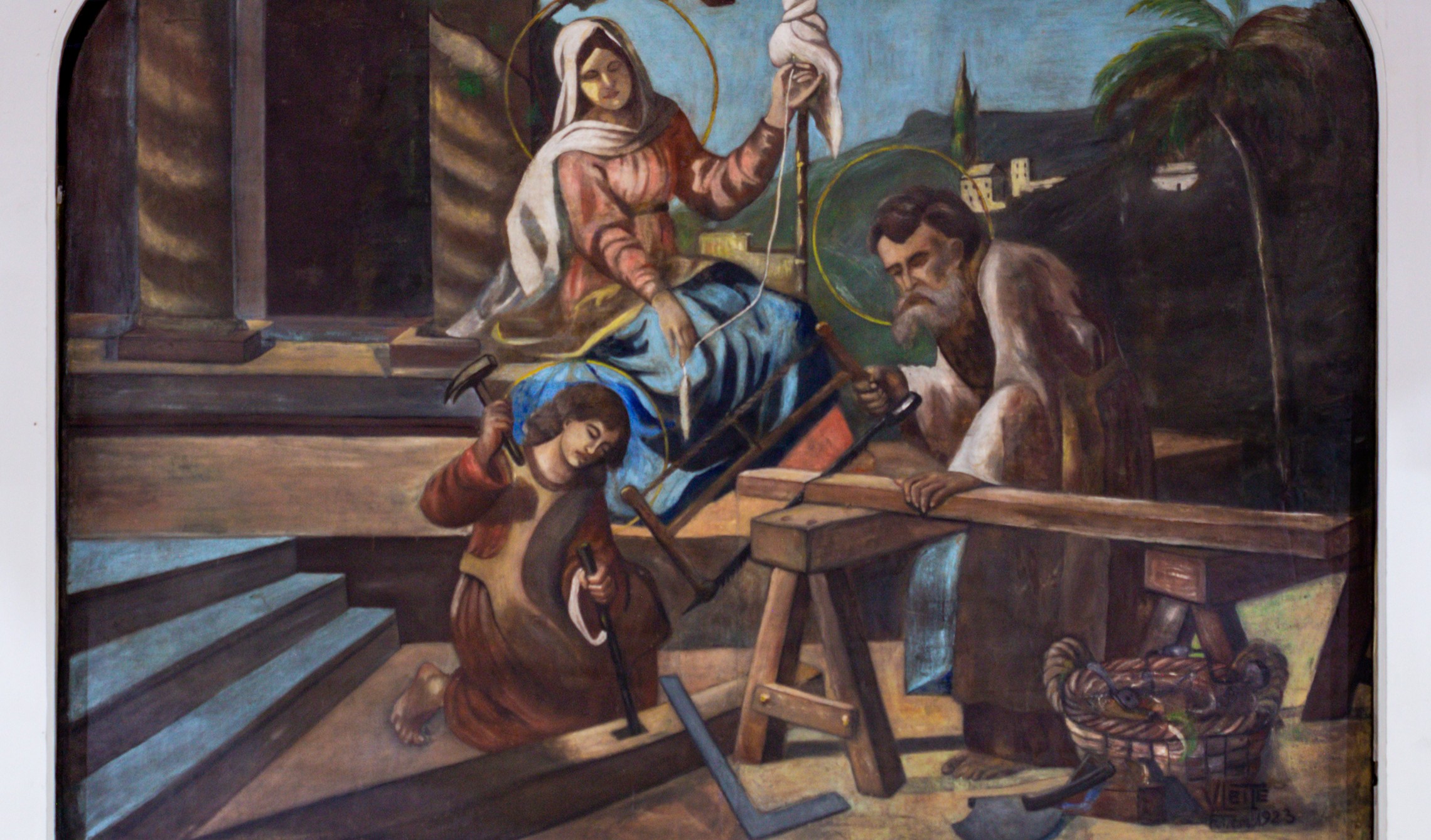 A pintura de Vicente Leite é uma obra em óleo sobre tela com medidas de 2,60 m (altura) e 3,20 m (largura).